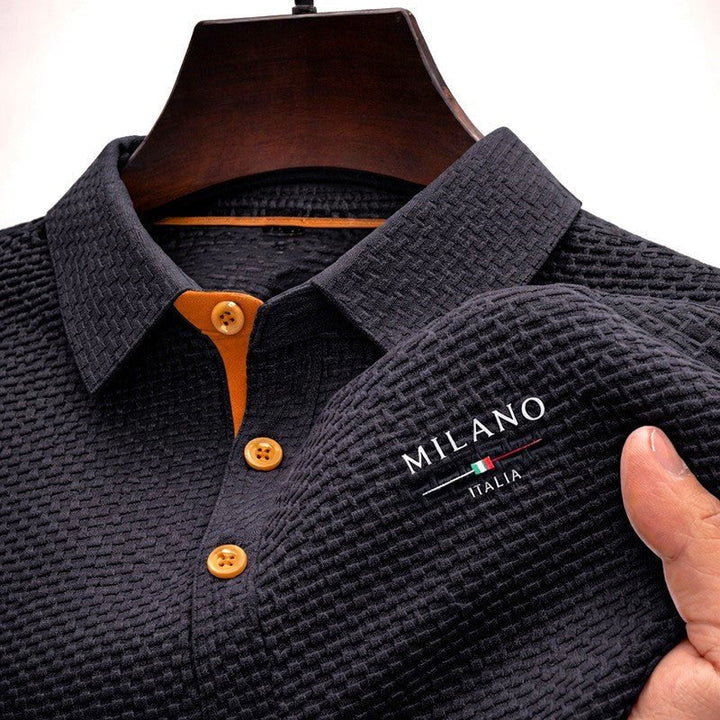 Men's classic fit polo shirt featuring a Milano button placket and a textured surface, crafted from a comfortable cotton blend, perfect for casual or smart-c 2