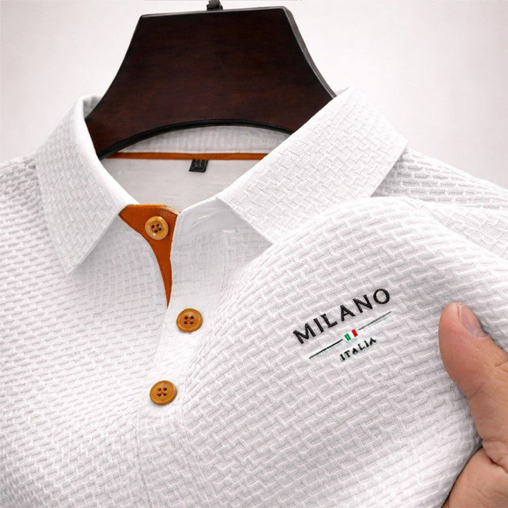 Men's classic fit polo shirt featuring a Milano button placket and a textured surface, crafted from a comfortable cotton blend, perfect for casual or smart-c 4