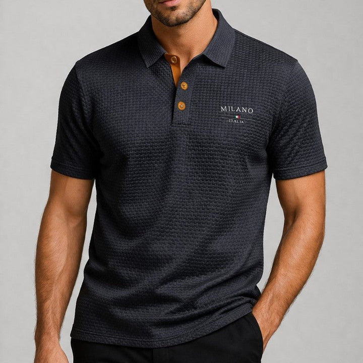 Men's classic fit polo shirt featuring a Milano button placket and a textured surface, crafted from a comfortable cotton blend, perfect for casual or smart-c 5