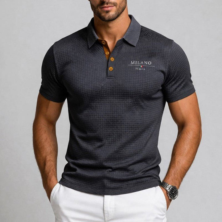 Men's classic fit polo shirt featuring a Milano button placket and a textured surface, crafted from a comfortable cotton blend, perfect for casual or smart-c 6