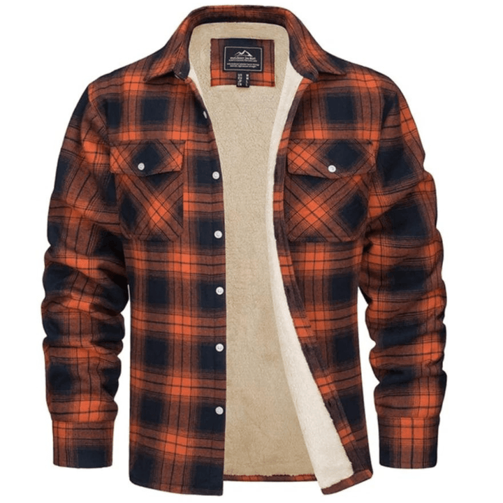 Men's Sherpa-Lined Jacket with Button-Down Front and Two Chest Pockets – Cozy Plaid Design 0