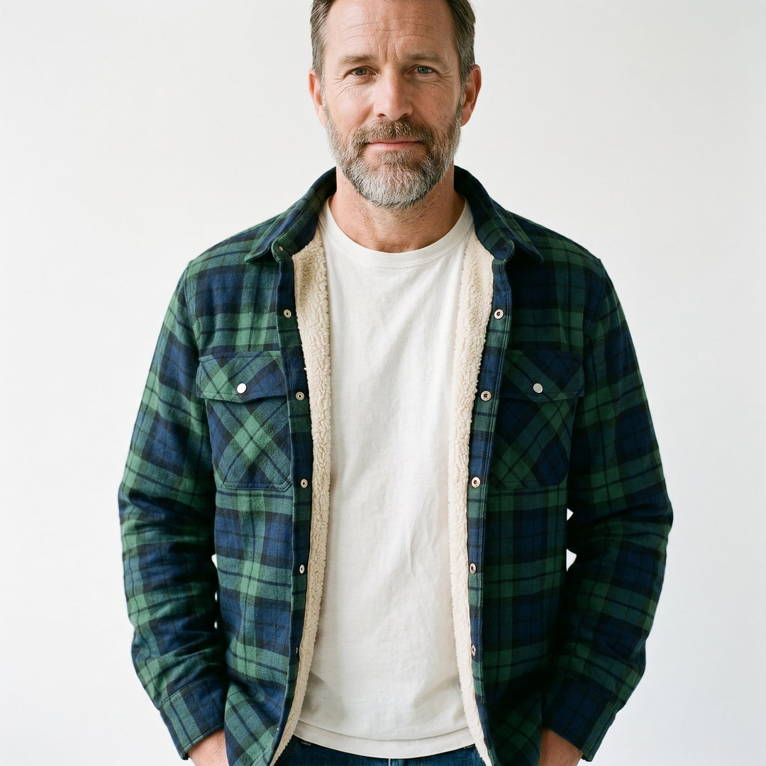 Men's Sherpa-Lined Jacket with Button-Down Front and Two Chest Pockets – Cozy Plaid Design 6