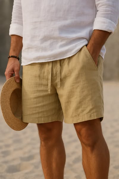 Men's relaxed fit shorts made from a breathable cotton-linen blend, perfect for summer wear. 1