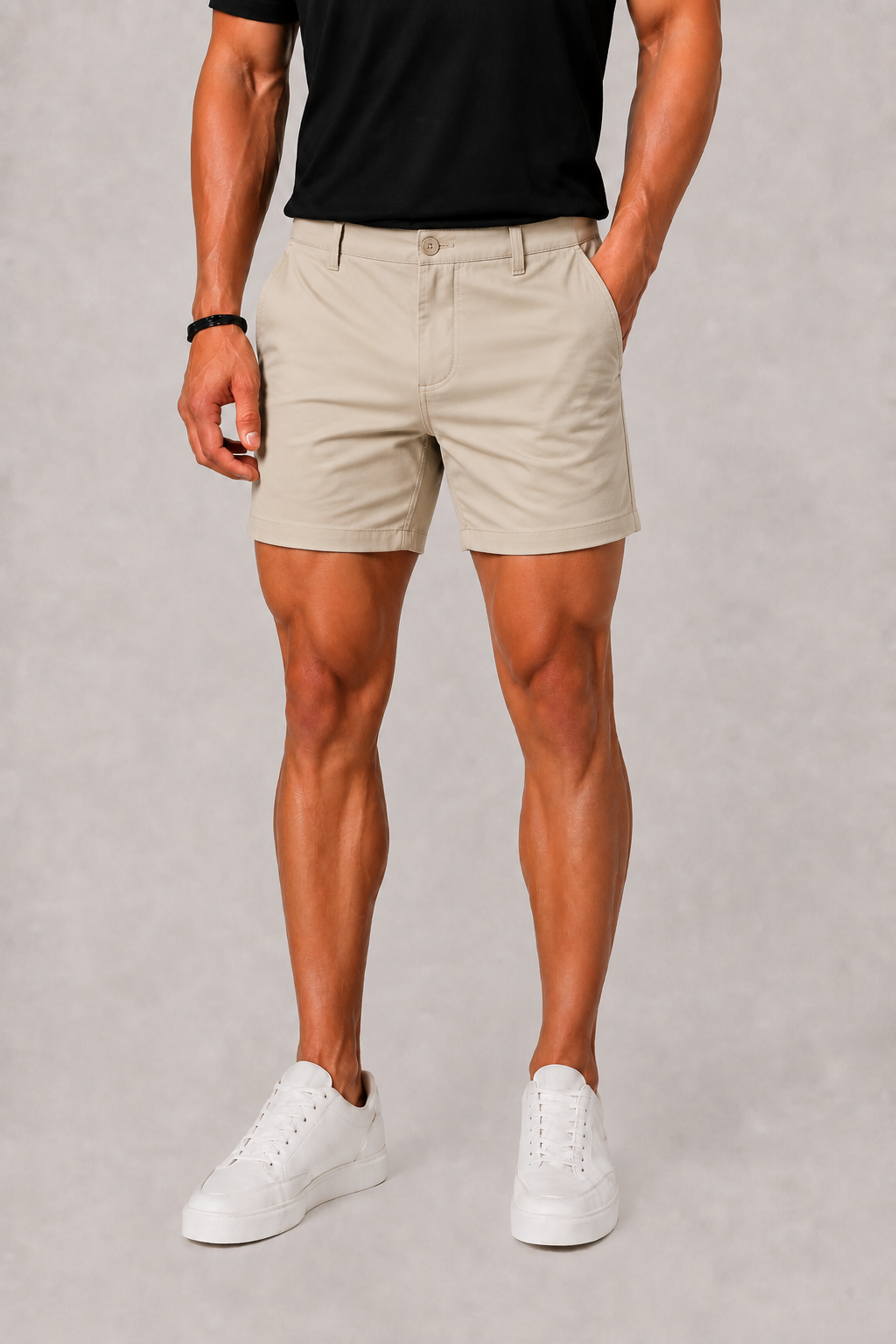 Men's Slim Fit Chino Shorts in Stone, featuring a tailored cut for a stylish and comfortable casual look, perfect for summer outings. 0