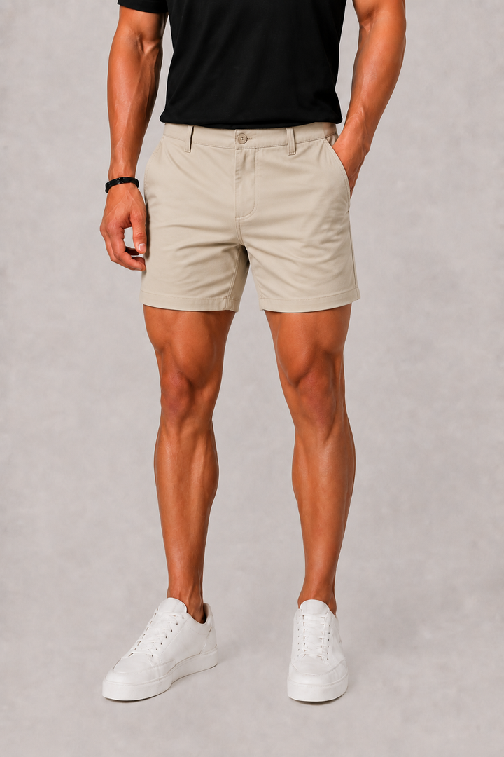 Men's Slim Fit Chino Shorts in Stone, featuring a tailored cut for a stylish and comfortable casual look, perfect for summer outings. 0