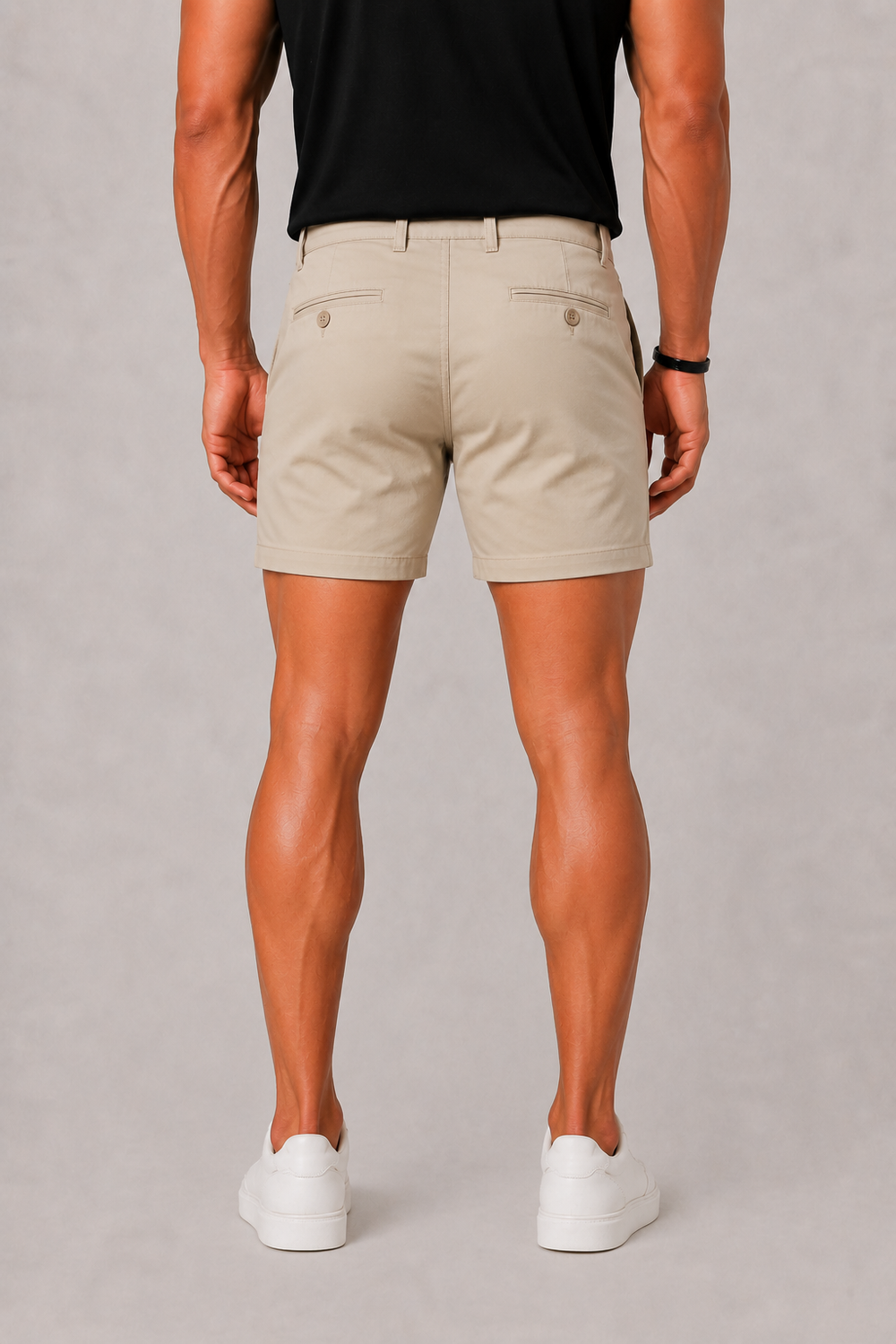 Men's Slim Fit Chino Shorts in Stone, featuring a tailored cut for a stylish and comfortable casual look, perfect for summer outings. 1