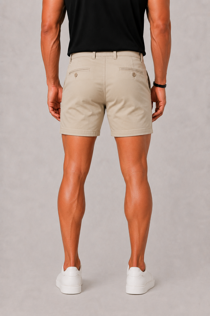 Men's Slim Fit Chino Shorts in Stone, featuring a tailored cut for a stylish and comfortable casual look, perfect for summer outings. 1