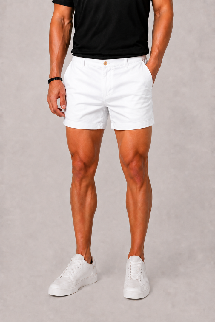 Men's Slim Fit Chino Shorts in Stone, featuring a tailored cut for a stylish and comfortable casual look, perfect for summer outings. 3
