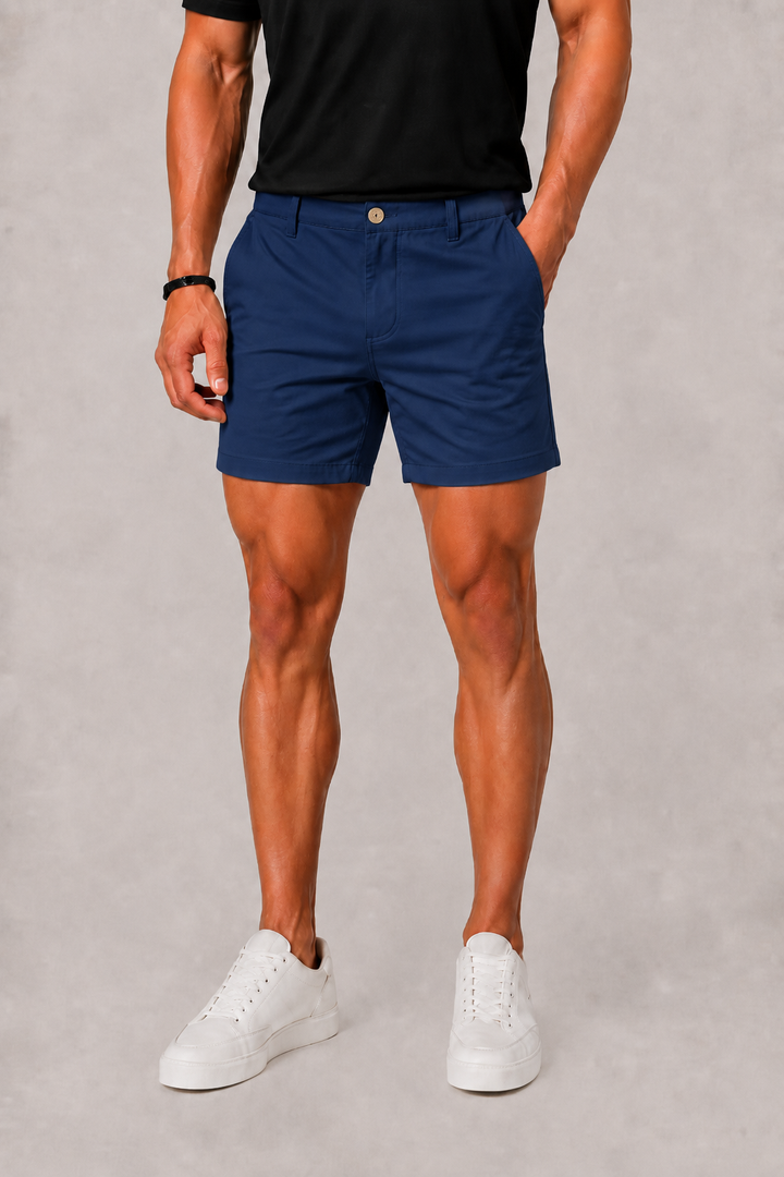 Men's Slim Fit Chino Shorts in Stone, featuring a tailored cut for a stylish and comfortable casual look, perfect for summer outings. 4