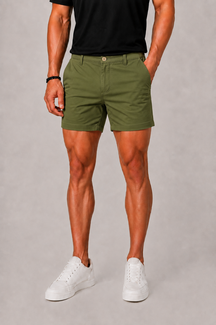 Men's Slim Fit Chino Shorts in Stone, featuring a tailored cut for a stylish and comfortable casual look, perfect for summer outings. 5