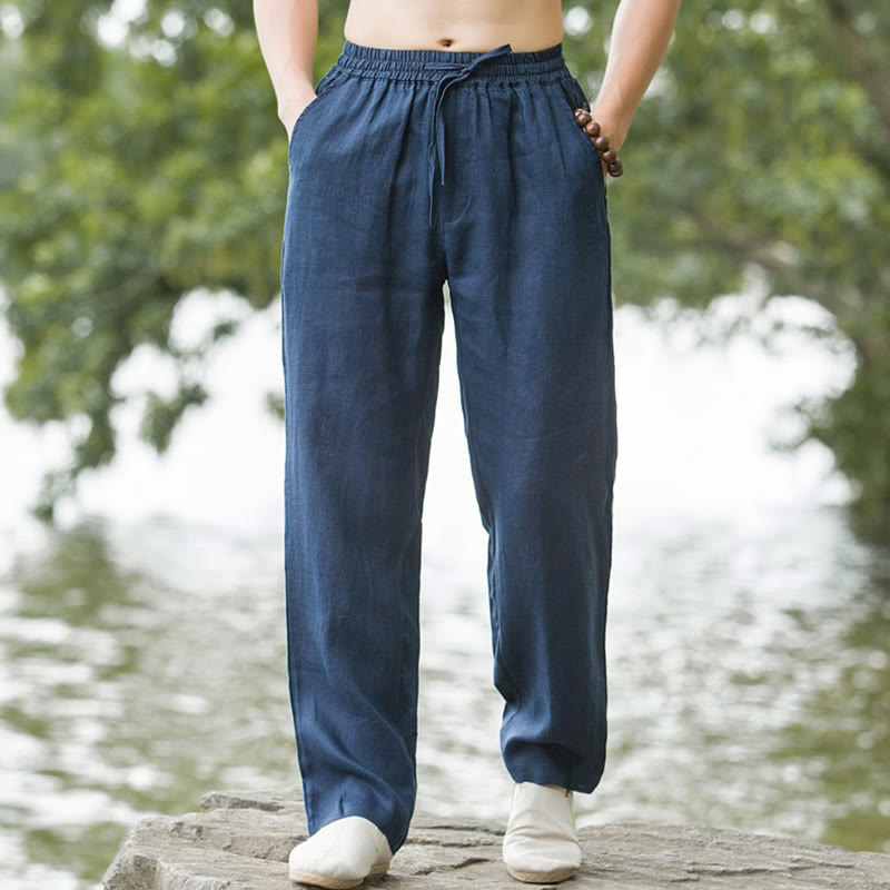 Men's wide leg pants featuring a breathable cotton linen blend, designed for a relaxed fit with convenient pockets, perfect for casual wear. 5