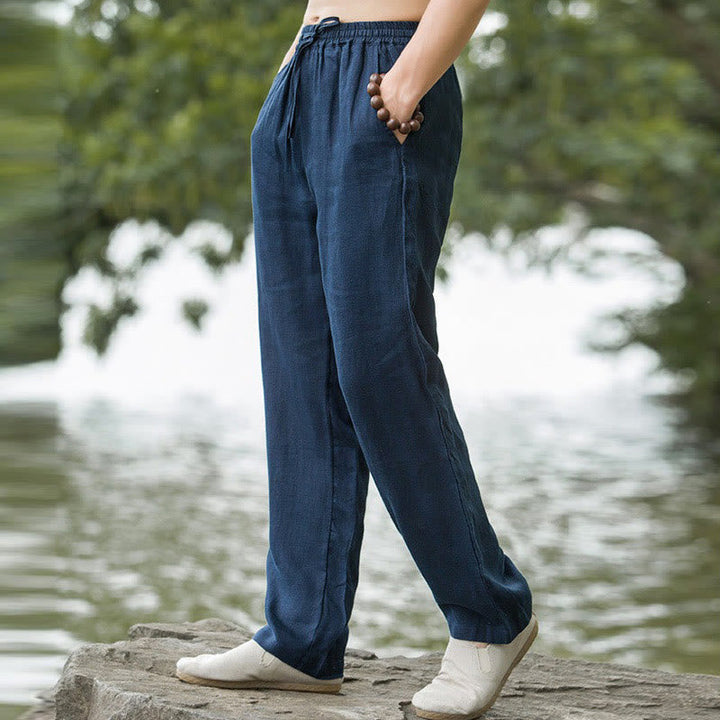 Men's wide leg pants featuring a breathable cotton linen blend, designed for a relaxed fit with convenient pockets, perfect for casual wear. 7
