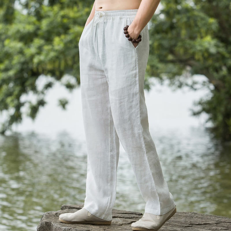 Men's wide leg pants featuring a breathable cotton linen blend, designed for a relaxed fit with convenient pockets, perfect for casual wear. 9
