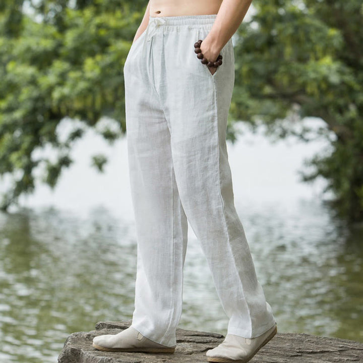 Men's wide leg pants featuring a breathable cotton linen blend, designed for a relaxed fit with convenient pockets, perfect for casual wear. 9