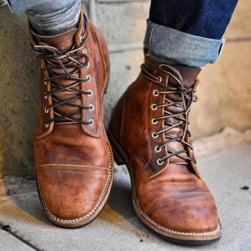 Mens leather boots made from genuine brown leather, featuring superior craftsmanship and designed for ultimate comfort. 0