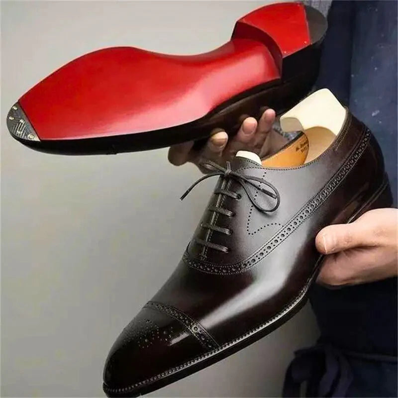 Mens Oxford shoes featuring a genuine leather upper and classic cap-toe design in black, perfect for formal occasions and business attire. 0