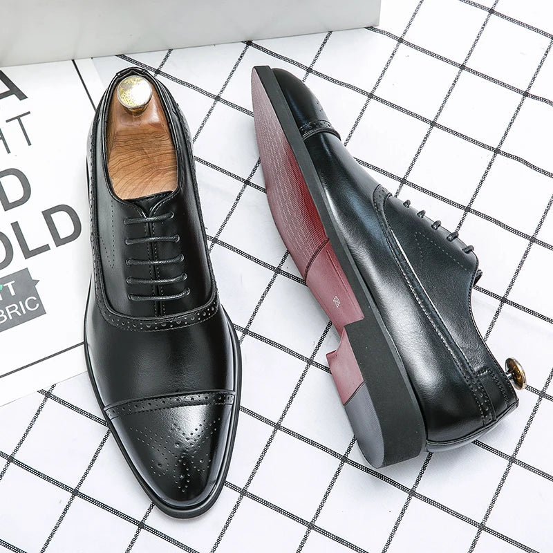 Mens Oxford shoes featuring a genuine leather upper and classic cap-toe design in black, perfect for formal occasions and business attire. 1