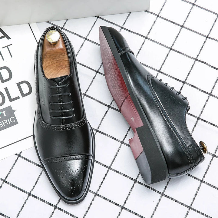 Mens Oxford shoes featuring a genuine leather upper and classic cap-toe design in black, perfect for formal occasions and business attire. 1