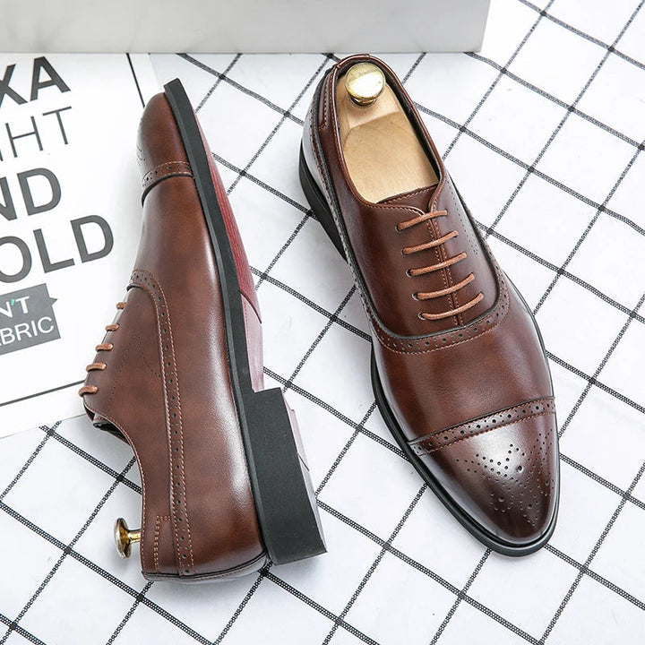 Mens Oxford shoes featuring a genuine leather upper and classic cap-toe design in black, perfect for formal occasions and business attire. 2