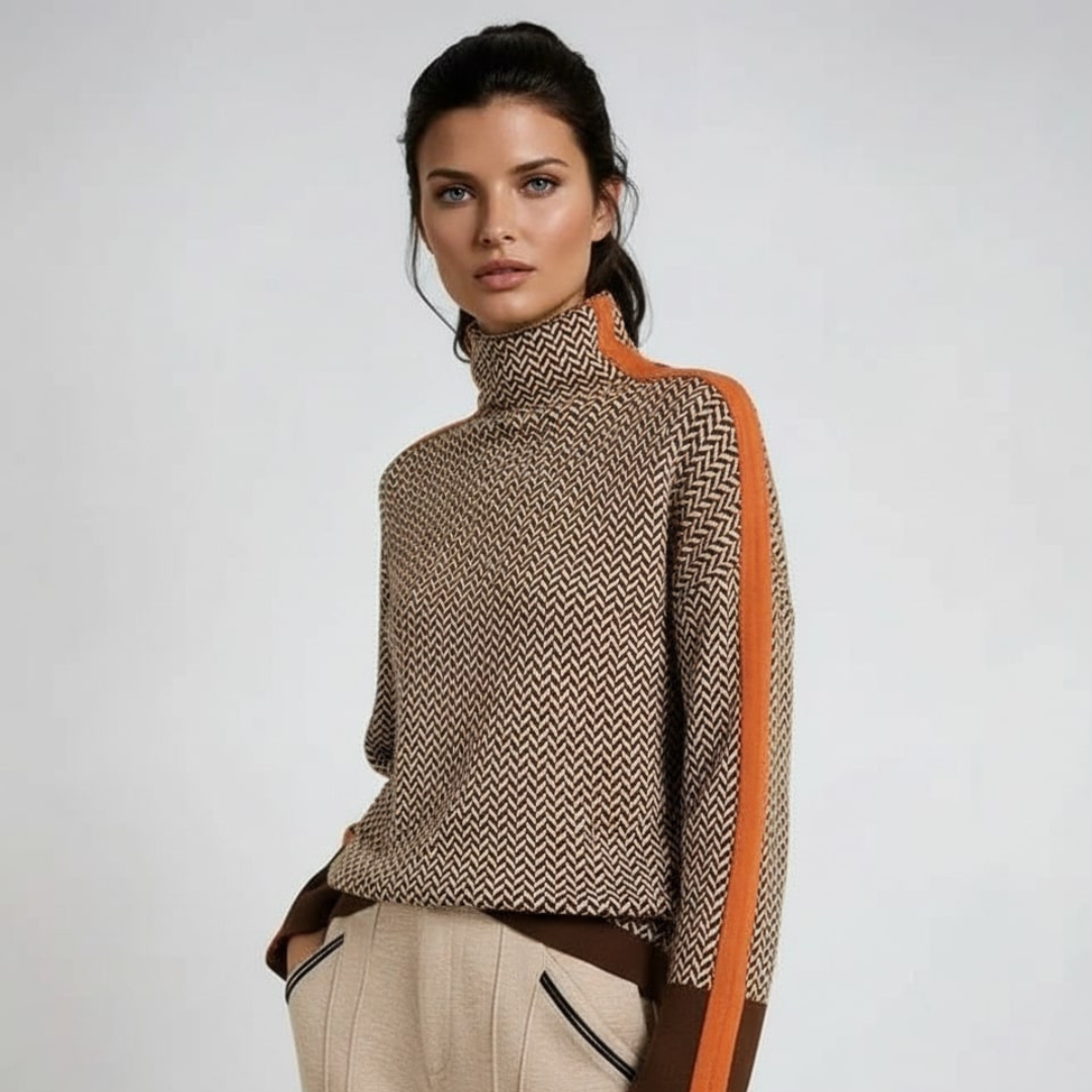 Mens Turtleneck Sweater with High Collar and Contrasting Stripes – Soft Cotton-Acrylic Blend 0