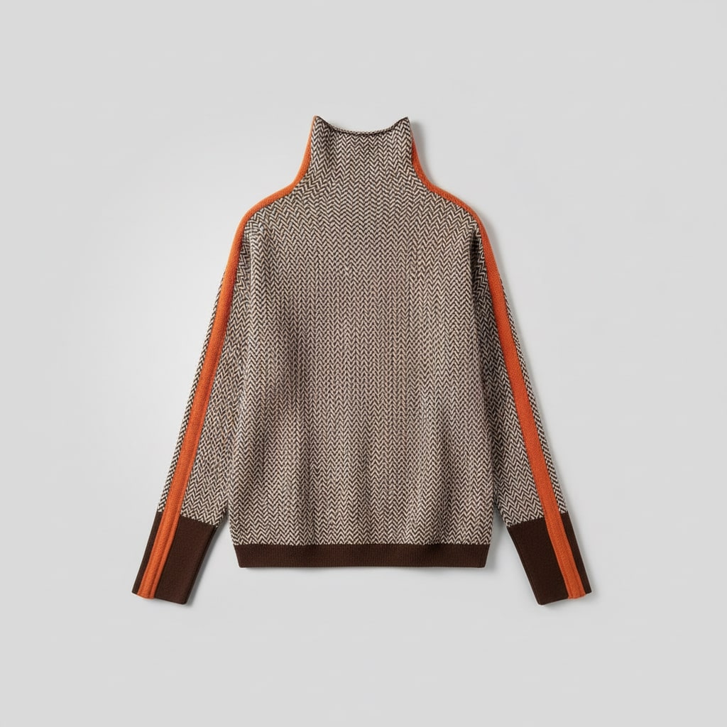 Mens Turtleneck Sweater with High Collar and Contrasting Stripes – Soft Cotton-Acrylic Blend 1