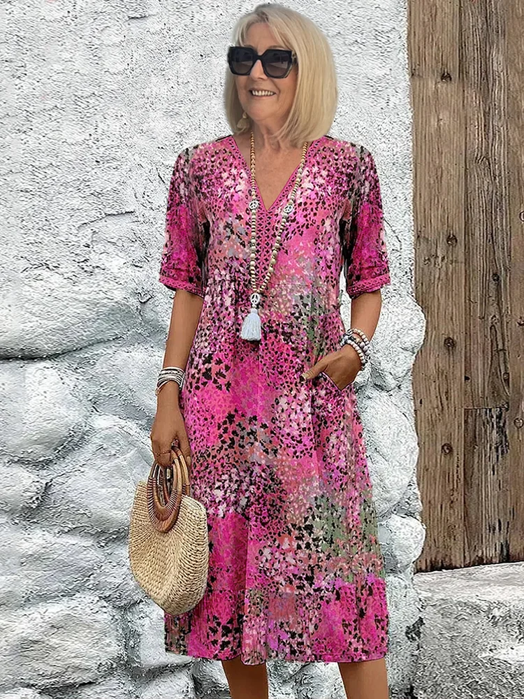 Midi Dress with Abstract Print and Lace V-Neck – Soft Breathable Casual Style with Side Pockets 0