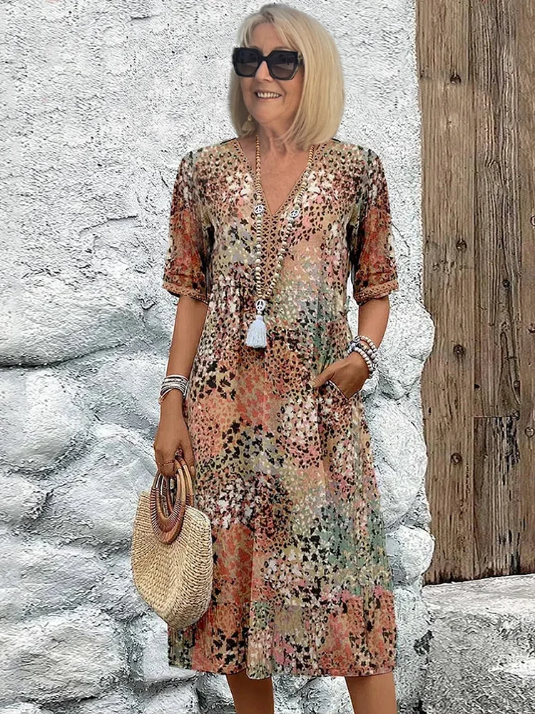Midi Dress with Abstract Print and Lace V-Neck – Soft Breathable Casual Style with Side Pockets 1