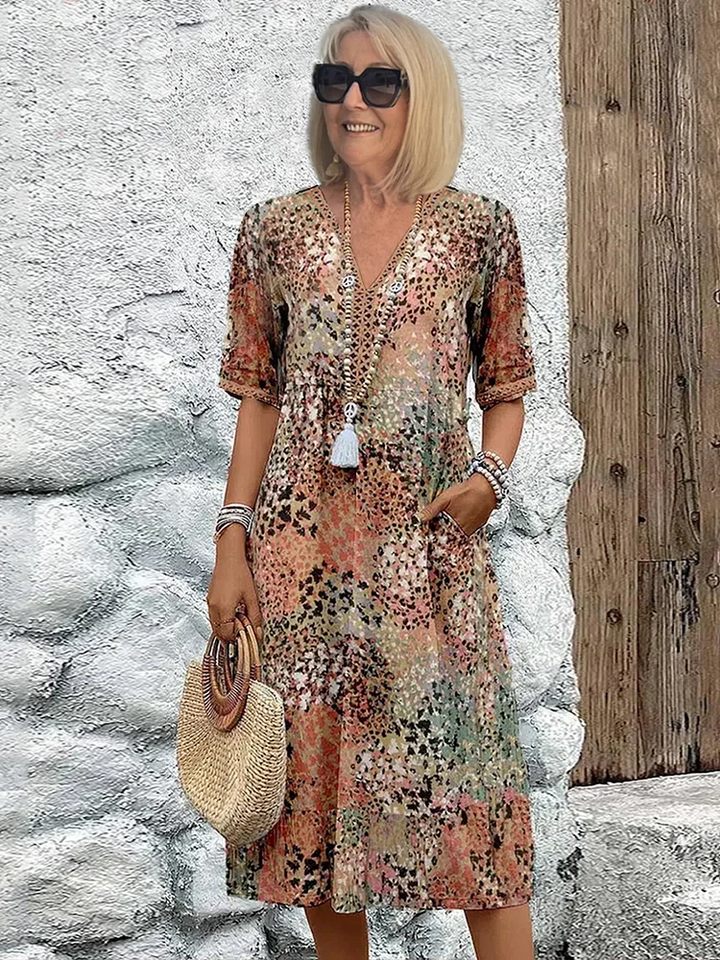 Midi Dress with Abstract Print and Lace V-Neck – Soft Breathable Casual Style with Side Pockets 1