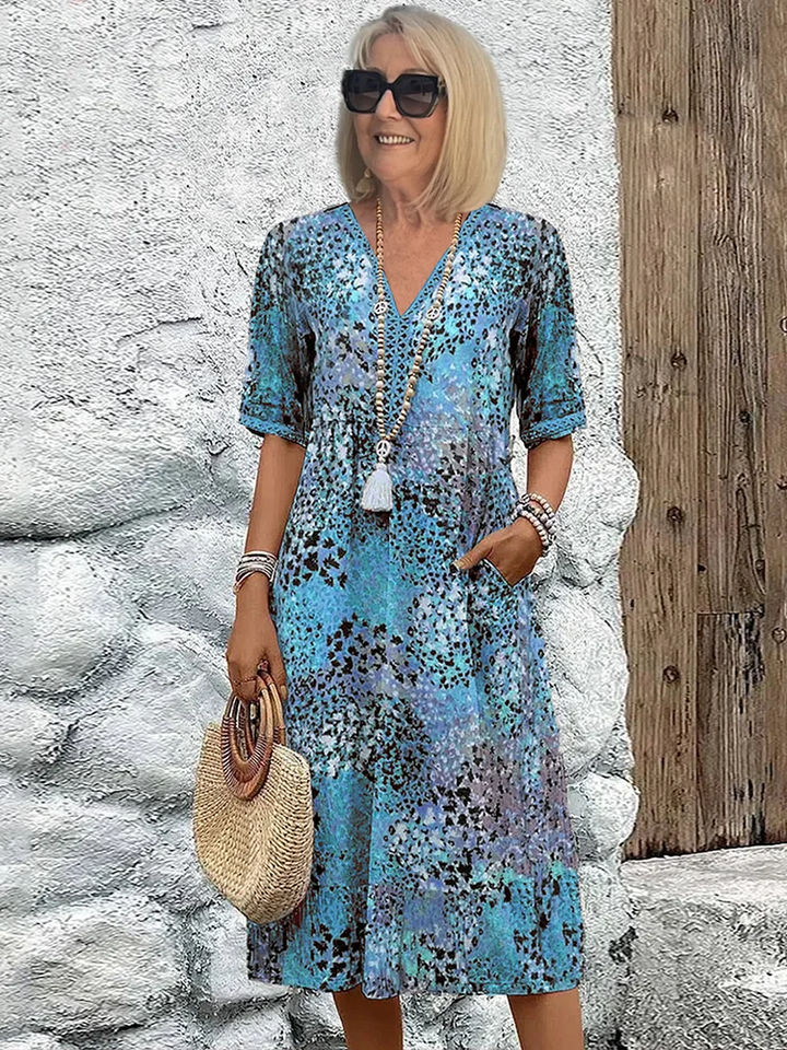 Midi Dress with Abstract Print and Lace V-Neck – Soft Breathable Casual Style with Side Pockets 3
