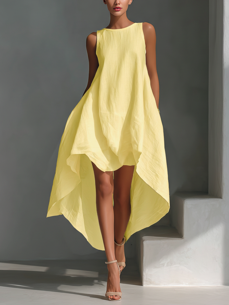 Midi Dress with Asymmetric Hem in Breathable Fabric – Minimalist Sleeveless Design for Women 2