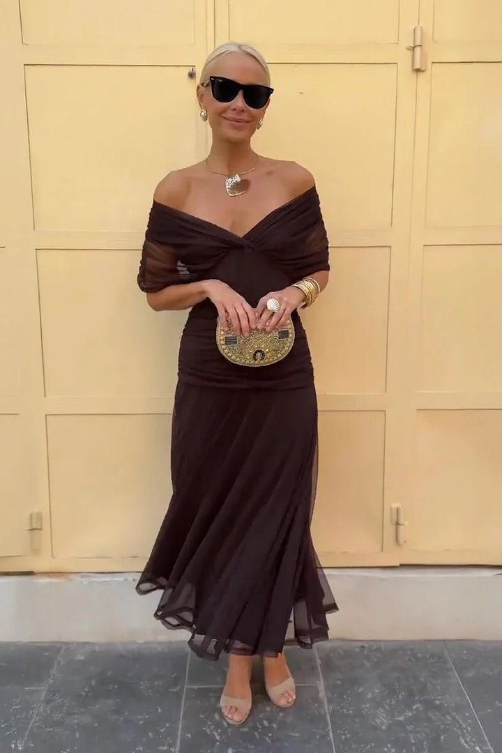 Off-Shoulder Maxi Dress in Draped Chiffon with Mermaid Silhouette for Formal Occasions - Elegant Long Dress for Women 3