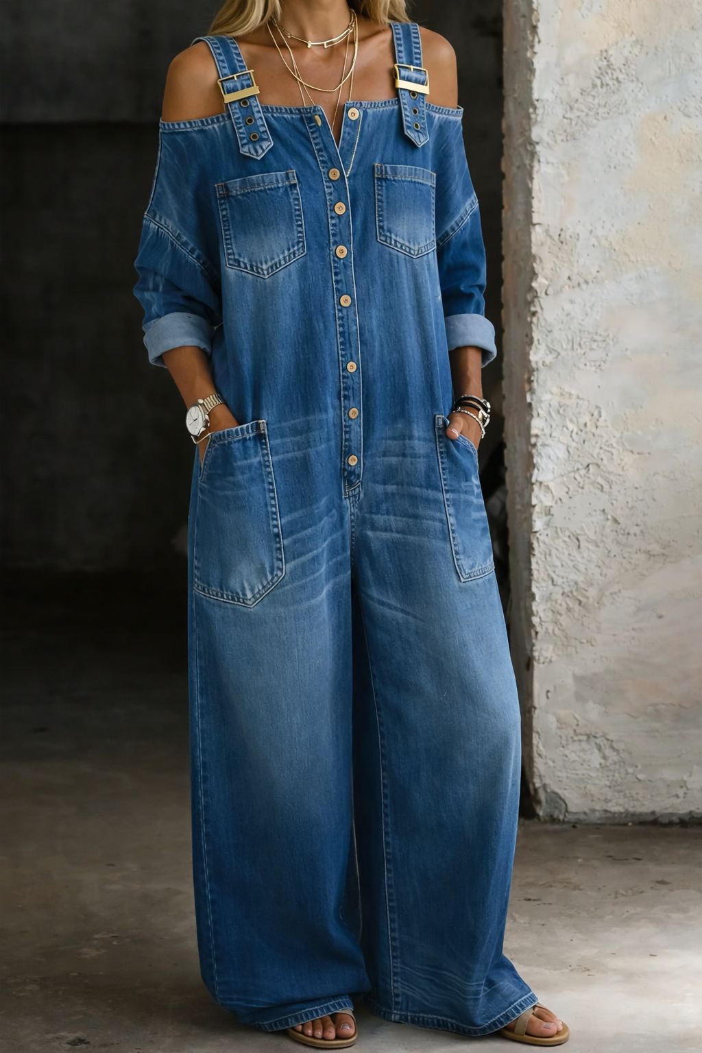 Off shoulder jumpsuit featuring a square neckline and cowboy printed imitation denim design, perfect for a stylish and trendy look. 0
