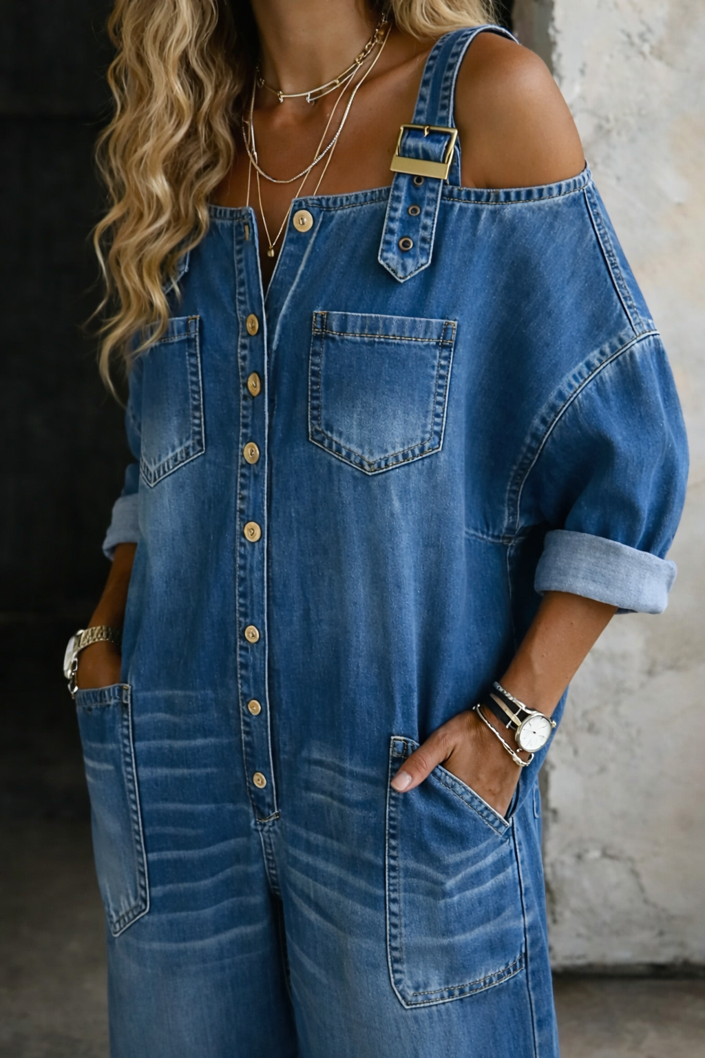 Off shoulder jumpsuit featuring a square neckline and cowboy printed imitation denim design, perfect for a stylish and trendy look. 1