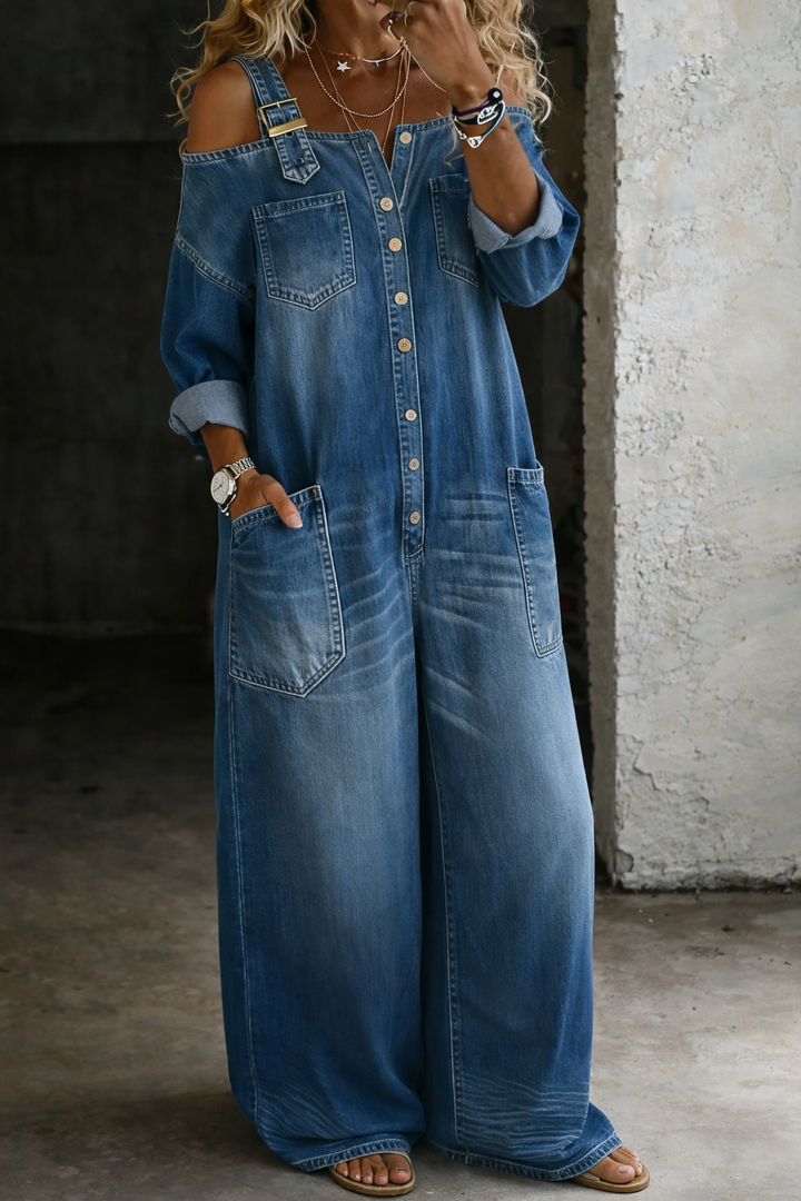 Off shoulder jumpsuit featuring a square neckline and cowboy printed imitation denim design, perfect for a stylish and trendy look. 3