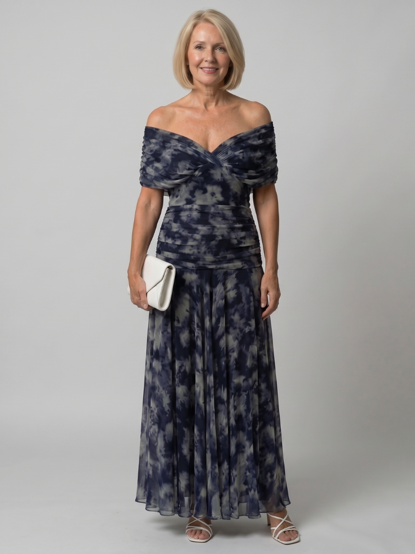 Off Shoulder Midi Dress with Draped Neckline – Lightweight Summer Dress for Wedding Guests and Cocktail Events 10