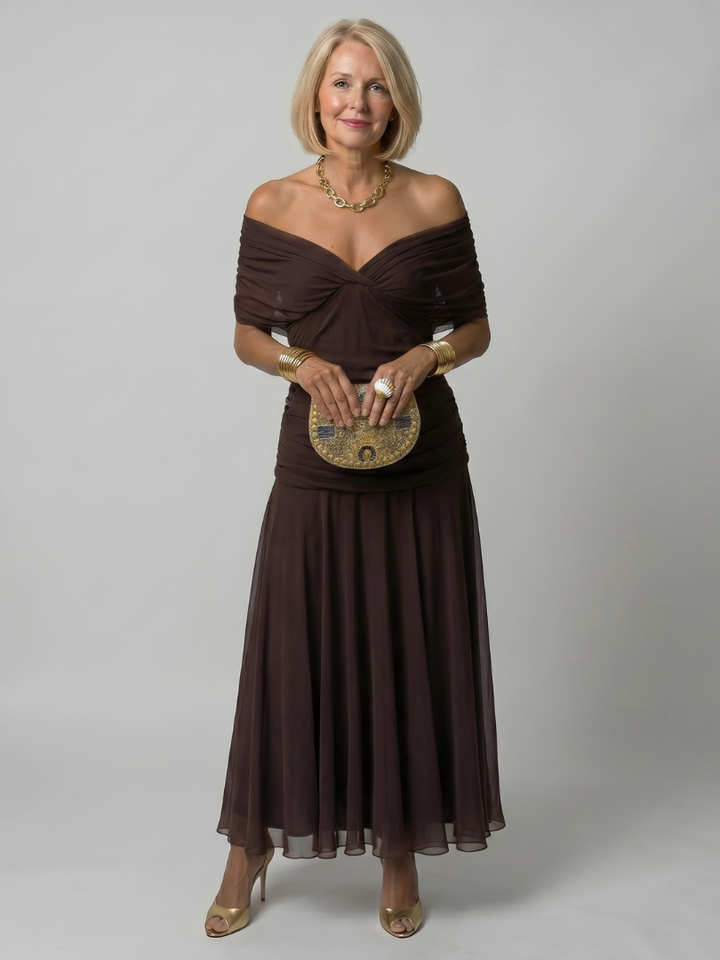 Off shoulder midi dress featuring a draped neckline and flared skirt, designed for women, in a lightweight white fabric perfect for summer occasions. 0
