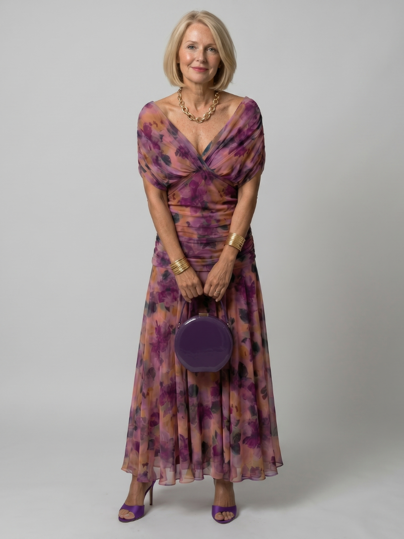 Off shoulder midi dress featuring a draped neckline and flared skirt, designed for women, in a lightweight white fabric perfect for summer occasions. 3