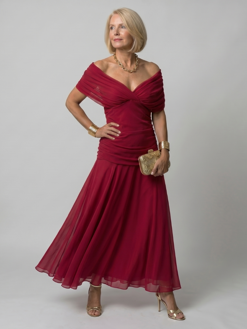 Off shoulder midi dress featuring a draped neckline and flared skirt, designed for women, in a lightweight white fabric perfect for summer occasions. 8