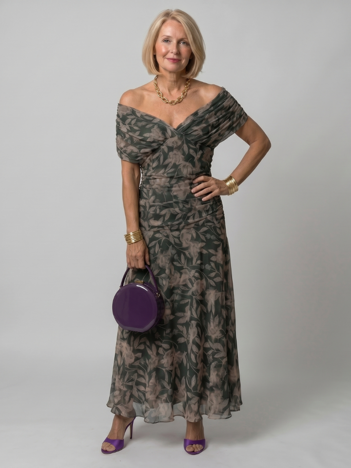 Off shoulder midi dress featuring a draped neckline and flared skirt, designed for women, in a lightweight white fabric perfect for summer occasions. 9