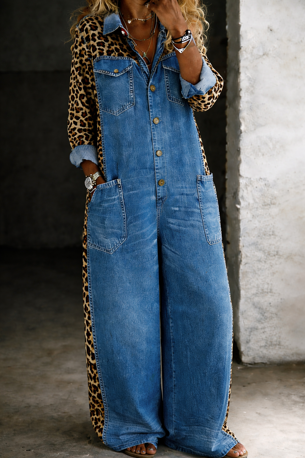 One Piece Shirt Jumpsuit with Cowboy Print – Imitation Denim Style 3