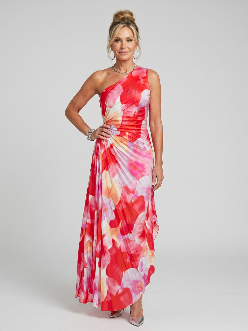 One Shoulder Midi Dress with Pleated Bodice – Lightweight Fluid Design for Casual and Formal Occasions 0
