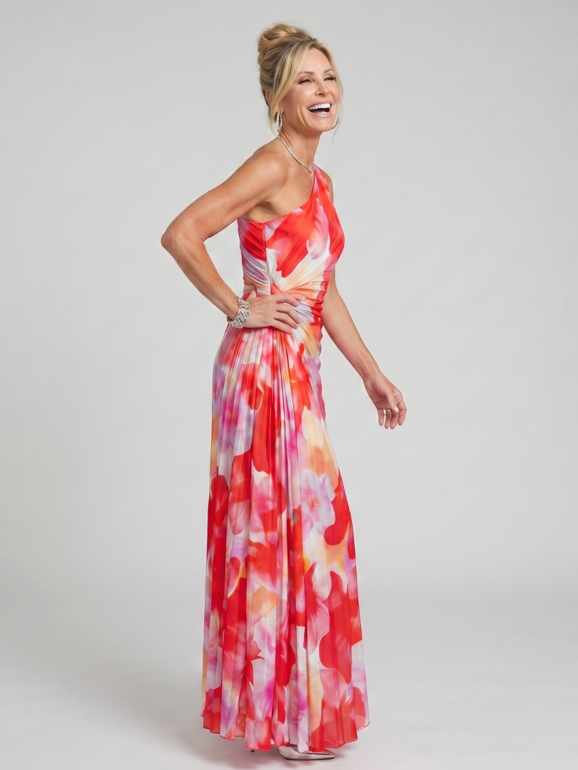 One Shoulder Midi Dress with Pleated Bodice – Lightweight Fluid Design for Casual and Formal Occasions 1