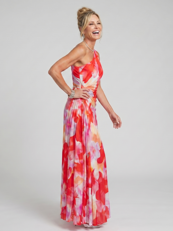 One Shoulder Midi Dress with Pleated Bodice – Lightweight Fluid Design for Casual and Formal Occasions 1