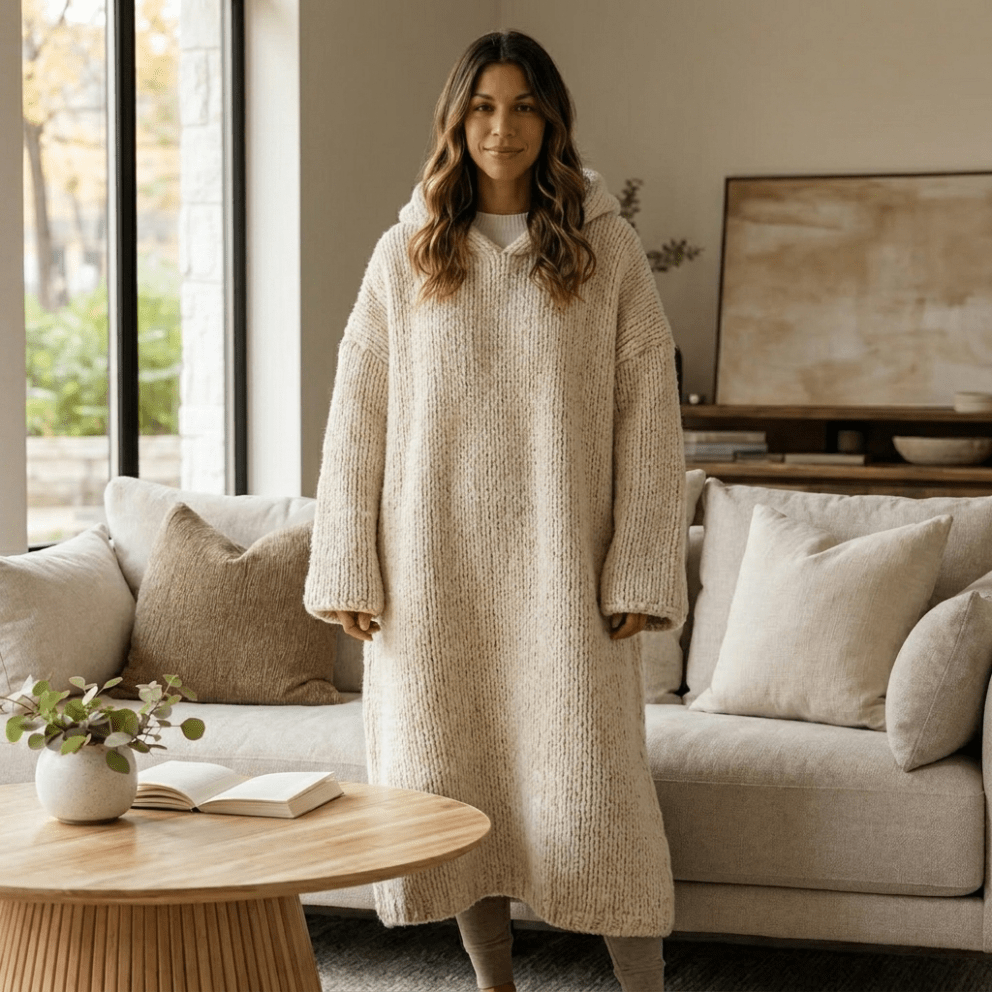Oversized Knit Lounge Hoodie with Relaxed Hood and Chunky Texture – Beige Acrylic Blanket Hoodie for Cozy Comfort 1
