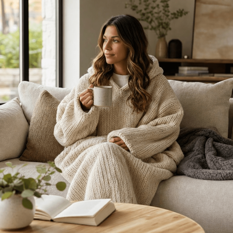 Oversized Knit Lounge Hoodie with Relaxed Hood and Chunky Texture – Beige Acrylic Blanket Hoodie for Cozy Comfort 3