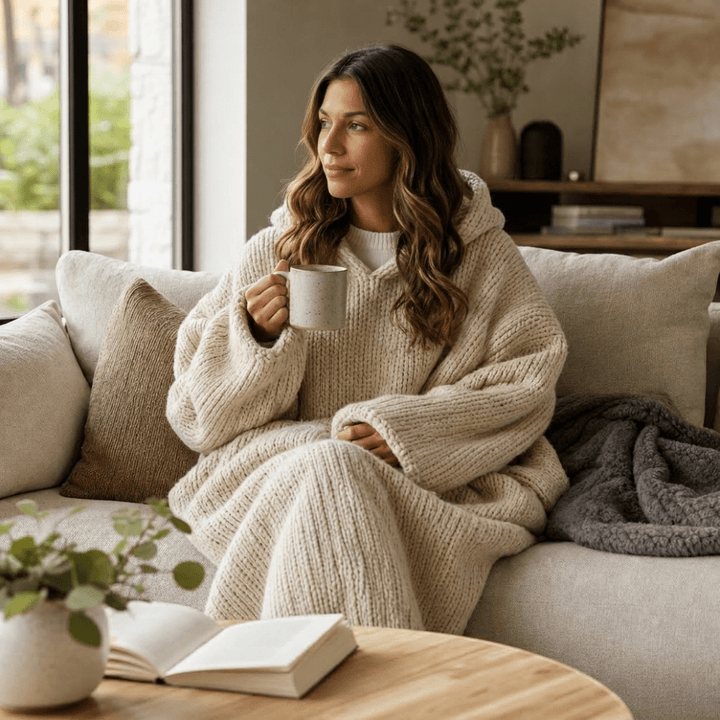 Oversized Knit Lounge Hoodie with Relaxed Hood and Chunky Texture – Beige Acrylic Blanket Hoodie for Cozy Comfort 3