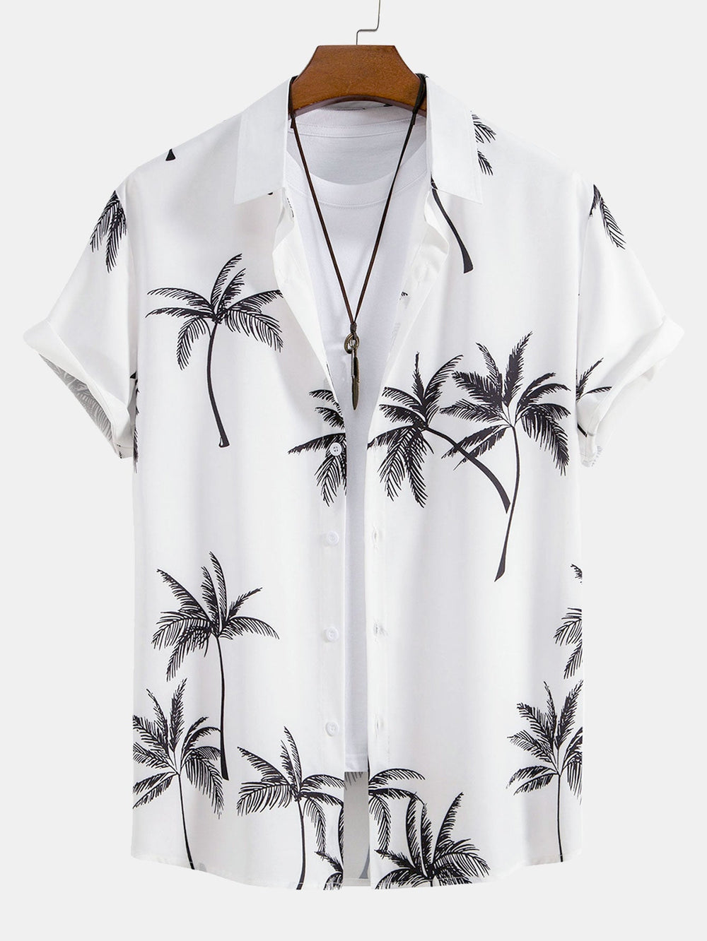 Palm tree print shirt paired with striped swim shorts set, made from 100% polyester, designed for a regular fit, perfect for summer beachwear. 1