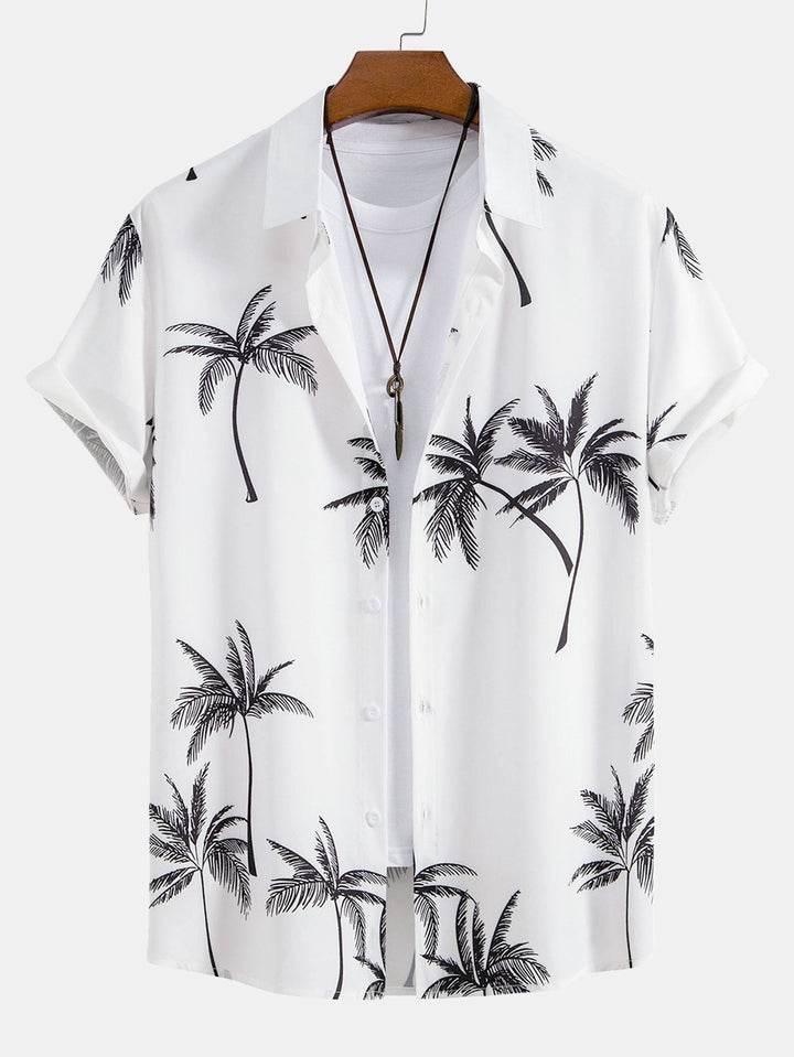 Palm tree print shirt paired with striped swim shorts set, made from 100% polyester, designed for a regular fit, perfect for summer beachwear. 1