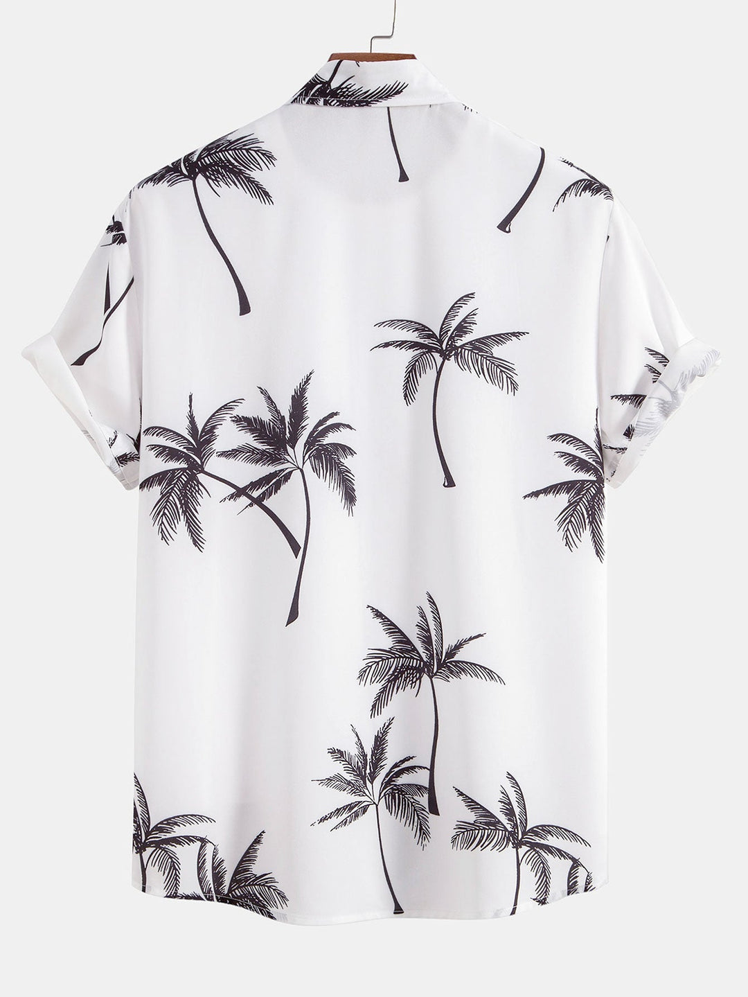 Palm tree print shirt paired with striped swim shorts set, made from 100% polyester, designed for a regular fit, perfect for summer beachwear. 2