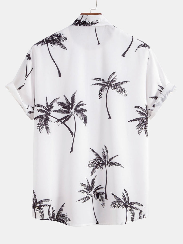 Palm tree print shirt paired with striped swim shorts set, made from 100% polyester, designed for a regular fit, perfect for summer beachwear. 2